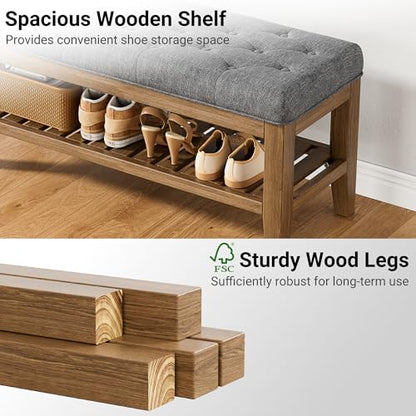 YaFiti End of Bed Storage Bench, 42.9" Entryway Shoe Bench with Solid Wood Shelf, Upholstered Ottoman with Padded Seat for Bedroom, Hallway and Lining Room, Dark Gray - color: Dark Gray