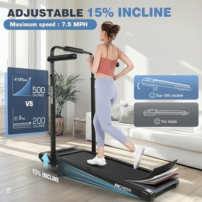 FUNMILY Upgrade Walking Pad Folding Treadmill with 12%/15% Incline & Handle Bar, 3.5HP Foldable Under Desk Compact Treadmills for Home/Office/Gym, 400+lb Capacity, Shock Absorption - color: TR12_Black