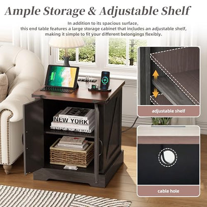 Farmhouse End Table with Charging Station, Rustic Wood Nightstand with Adjustable Shelf, 19.6"W Versatile Walnut Sofa Side Table with Barn Doors and Retro Hinges for Bedroom, Living Room (Grey-kk025) - color: Grey-kk025