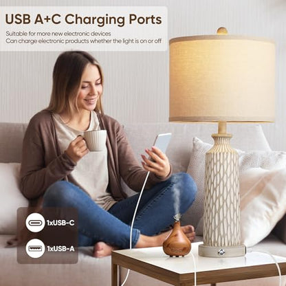 QiMH 26" Lamps for Bedroom with USB A+C Ports, Farmhouse Bedside Lamps Set of 2, Touch Control 3-Way Dimmable, Modern Off-White Resin Table Lamps for Living Room Foyer, Included 2700K LED Bulbs - color: Beige white