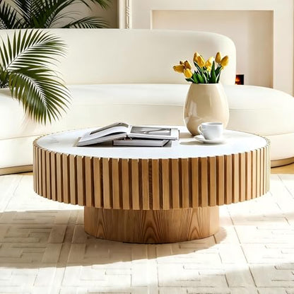 Round Coffee Table Wood Ø35.43'' X 13.77''H Drum Coffee Tables Sintered Stone Tabletop for Living Room Small Space Fluted Circle Cocktail Tea Modern Center Apartment Home Furniture Easy Assembly - color: 35.43 Wood Sintered