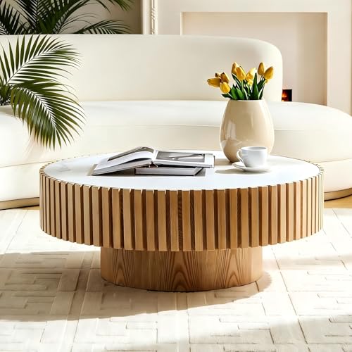 Round Coffee Table Wood Ø35.43'' X 13.77''H Drum Coffee Tables Sintered Stone Tabletop for Living Room Small Space Fluted Circle Cocktail Tea Modern Center Apartment Home Furniture Easy Assembly - color: 35.43 Wood Sintered
