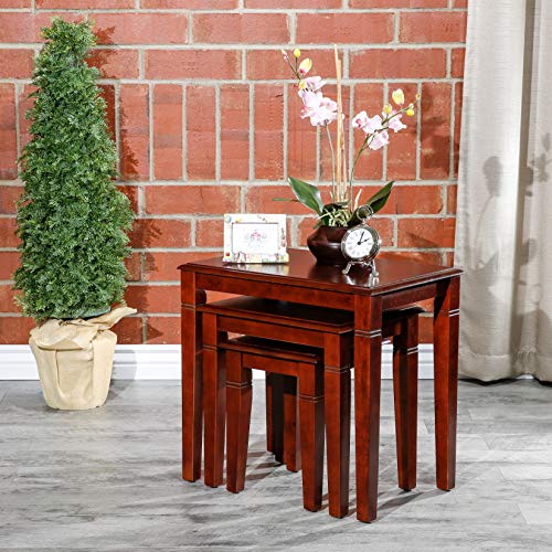 DTY Indoor Living 3-Piece Nesting Tables - Wooden Table Set of 3 for Living Room - Stackable Tables with Sleek Cherry Finish for Stylish and Space-Saving Home Furniture - color: Golden Design/Cherry Finish