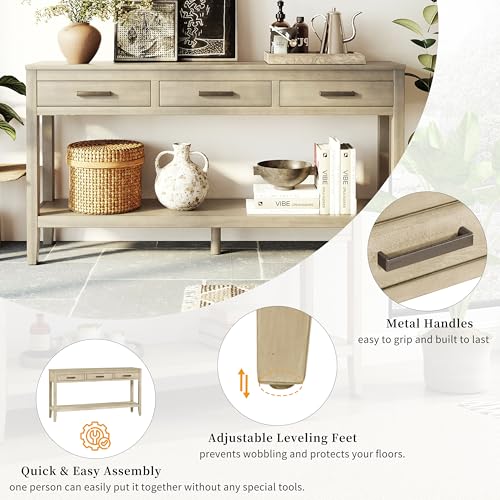 Merax Entryway Console Table with Storage, 3 Drawers Design/Wood Frame/Behind Couch & Sofa, Grey - color: Grey
