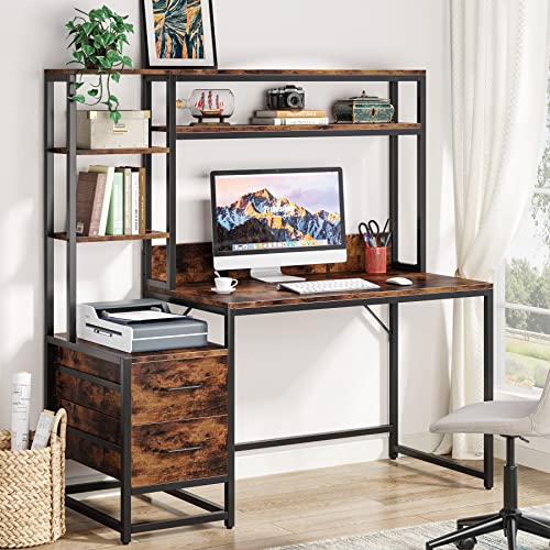 Tribesigns 55 Inch Computer Desk with 2 Drawers and Storage Shelves, Rustic Office Desk with Hutch, Study Writing Gaming Table Laptop Workstation for Home Office (Brown) - color: Brown