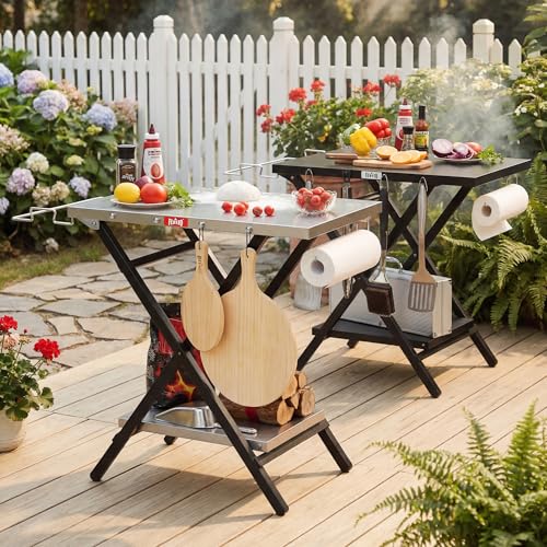 Feasto Outdoor Grill Table, Folding Prep Table, 30" x 24", Stainless Steel | with Garage Rack & Tissue Holder, Foldable Pizza Oven Stand & Griddle Stand for Gathering and Party - color: Silver