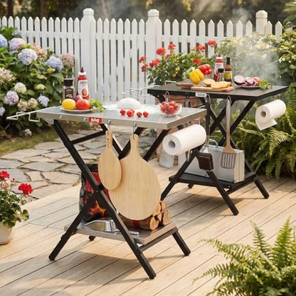 Feasto Outdoor Grill Table, Folding Prep Table, 30" x 24", Stainless Steel | with Garage Rack & Tissue Holder, Foldable Pizza Oven Stand & Griddle Stand for Gathering and Party - color: Silver
