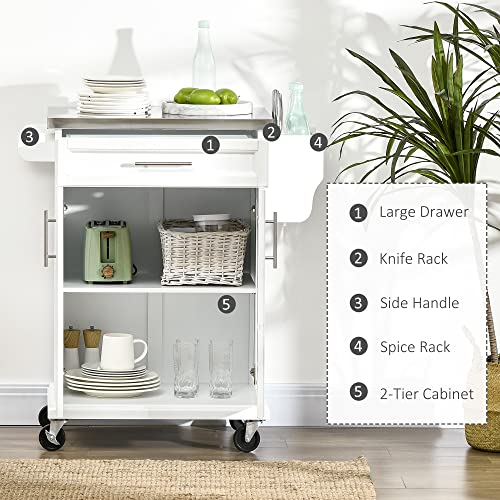 HOMCOM Kitchen Island on Wheels, Rolling Kitchen Cart with Stainless Steel Countertop, Drawer, Towel Rack and Spice Rack, Utility Storage Trolley, White - color: White