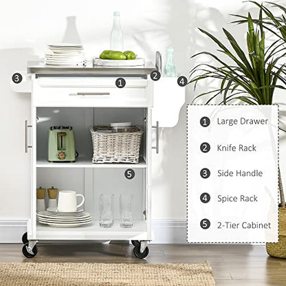 HOMCOM Kitchen Island on Wheels, Rolling Kitchen Cart with Stainless Steel Countertop, Drawer, Towel Rack and Spice Rack, Utility Storage Trolley, White - color: White