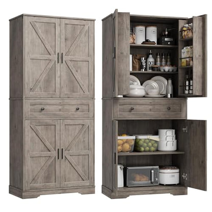 Garvee 71" Kitchen Pantry Cabinet, Barn Door Freestanding Cupboard with Drawer, Sliding Storage Rack, and 6 Hanging Shelves for Kitchen, Dining Room, Living Room Bedroom - color: Grey