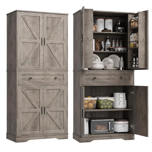 Garvee 71" Kitchen Pantry Cabinet, Barn Door Freestanding Cupboard with Drawer, Sliding Storage Rack, and 6 Hanging Shelves for Kitchen, Dining Room, Living Room Bedroom - color: Grey
