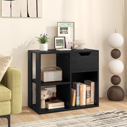 Giantex 3 Cube Bookcase with Drawer Set of 2, 2 Tier Bookshelf for Small Spaces, Modern Freestanding Display Rack with Open Shelves, Book Case, Wood Cube Storage Organizer Bedroom Living Room, Black - color: Black