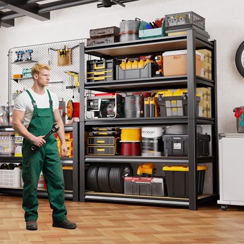 71.2" H Garage Shelving 5T Storage Shelves, Metal Adjustable Shelving Unit, Utility Garage Organizer Shelf for Basement, Pantry, Kitchen, Warehouse, 46" Wx18 Dx71.2 H, Black - size: 5-Wood-17.7"Dx45.6"Wx71.2"H