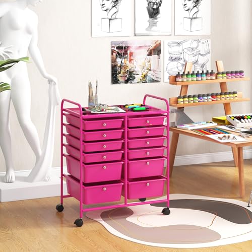 Moccha 12-Drawer Rolling Storage Cart - Utility Cart on Wheels with Lockable Casters for Craft Art Supply Paper Salon, Mobile Drawer Carts for Classroom Teacher School Office (Hot Pink) - color: Hot Pink, style: 12 Drawers
