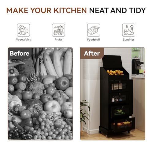 ARTETHYS Potato Storage Bin 5-Tier Rolling Black Bread Box with Side Rack | Onion Keeper with Spice Rack on Wheels, Movable Fruit & Vegetable Container with 4 Ventilated Drawers for Kitchen - color: Black