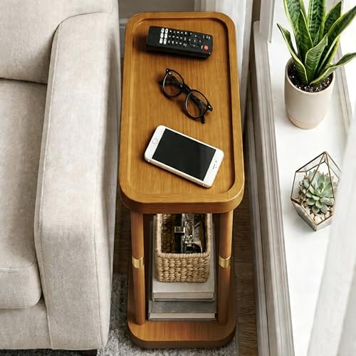 Solid Wood Narrow Side Table, 7.5-Inch Slim End Table for Small Spaces, Skinny Nightstand & Sofa Table with Storage Shelf for Living Room, Bedroom, Amber Brown - color: Amber Brown