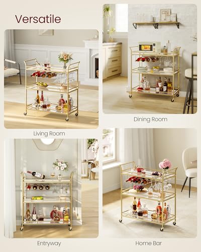 VASAGLE Bar Cart Gold, Large Home Bar Serving Cart with 3-Tier Mirrored Shelf, Wine Holders, Glass Holders, Kitchen, 15 x 33.9 x 35.4 Inches, Gold ULRC083A02 - color: Gold, size: 15"D x 33.9"W x 35.4"H