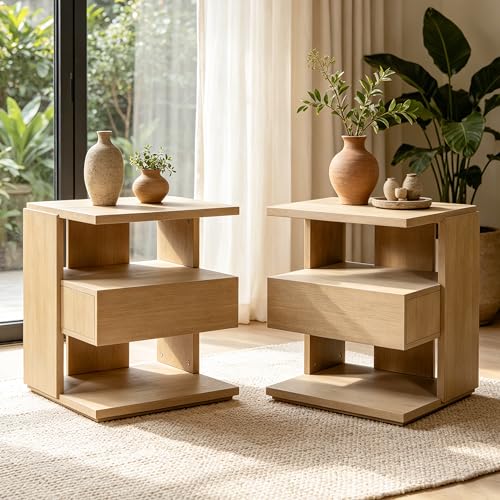 Christopher Knight Home 22" Mid Century Modern Nightstand Set of 2, Wooden Bedside Table with Drawer & 3 Tier Shelves, Small Side End Table Night Stand for Bedroom Living Room Small Space, Natural - color: Natural, size: 2pcs