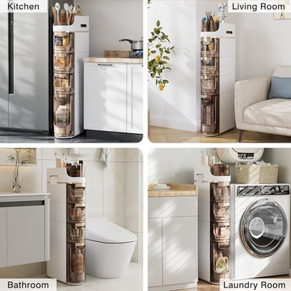 VECELO 4-Tier Slim Bathroom Storage Cabinet with Wheels, Skinny Bathroom Storage Cabinet with Drawers, Toilet Paper Holder, Movable Narrow Floor Cabinet for Small Space, Bathroom - size: 16.14" x 6.69" x 34.84"