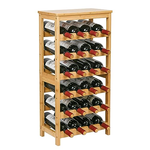VASMIA Wine Rack Free Standing Floor, 6-Tier Display Wine Storage Shelves with Table Top, 24-Bottle Bamboo Wine Rack Shelf for Kitchen Bar Dining Room Living Room, Natural - color: Natural, size: 6 Tiers