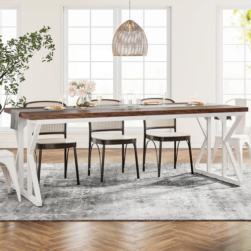 Tribesigns Farmhouse Dining Table for 6-8 People, 78.7-Inch Rectangular Wood Dining Table, Rustic Kitchen Table with Heavy Duty Metal Legs for Dining Room - color: Rustic Brown/White