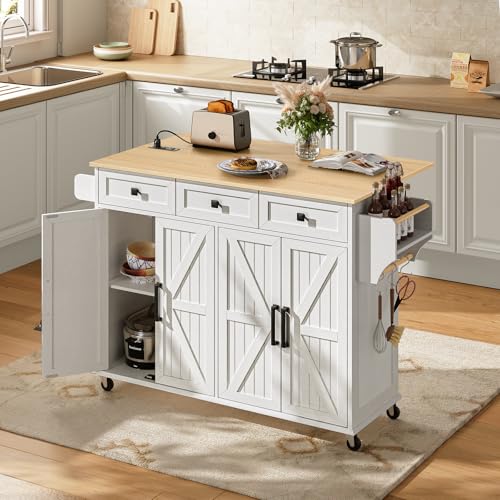 RALGEND Kitchen Island with Drop Leaf & Power Outlet, Rolling Kitchen Island Cart On Wheels, Barn Door Kitchen Island Table with Storage and Tower Rack, Island Table for Kitchen, White and Natural - color: White + Natural