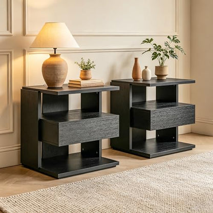 Christopher Knight Home 22" Mid Century Modern Nightstand Set of 2, Wooden Bedside Table with Drawer & 3 Tier Open Shelves, Small Side End Table Night Stand for Bedroom Living Room Small Space, Black - color: Black, size: 2pcs