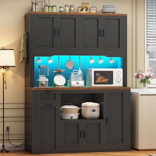 Itaar 71" Pantry Cabinet with Charging Station and LED Light, Kitchen Pantry Cabinet with Microwave Stand, 47.2" Wide Kitchen Storage Cabinets with Storage Cart 3 Tier for Dining Room, Black - color: Black