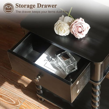 AWASEN Black Nightstand, Bedroom Side Table with Drawer for Living Room, Small Bedside End Table with Spindle Wood Legs for Bedroom, Office, Black - color: Black