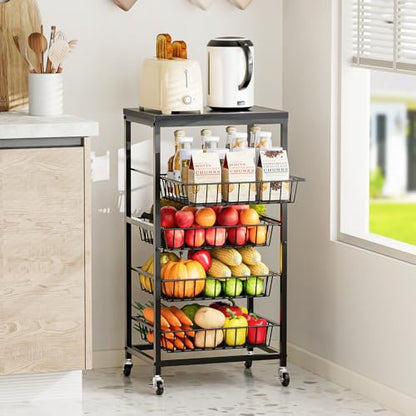 Snack Cart, 5-Tier Kitchen Carts on Wheels with Storage,Fruit Basket Stand with Pull-Out Baskets and Wood Top,Kitchen Organizer for Fruit Vegetable Snack (Black) - color: Black