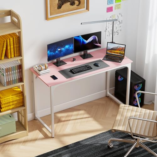 Dkelincs 47 Inch Computer Desk Home Office Desk Gaming Writing Desk Modern Simple Style Study Work Table with Metal Frame, Large Legroom, Adjustable Feet, Water-Resistant, Scratchproof Surface, Pink - color: Pink, size: 47 Inch
