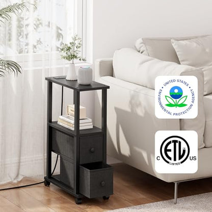 TUTOTAK Small Narrow End Tables, LED Side Tables with 2 Fabric Drawers, Set of 2, Bedside Tables with Charging Station for Small Spaces, Slim Nightstands with USB Ports and Wheels, TB01BK053L - color: Black, style: with LED Light & Outlets