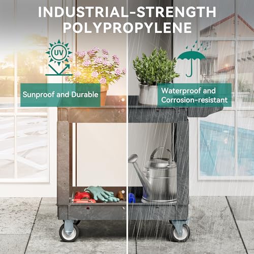 YITAHOME Grey Utility Cart on Wheels, 550 lbs Capacity, 40 x 17 Inch | Rolling Work Carts with Wheels, 2 Shelf Heavy Duty Plastic Service Cart Suitable for Warehouse, Garage, School & Office