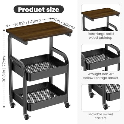 Multi-Purpose 3 Tier Rolling Cart with Walnut Table Top, Metal Utility Storage Cart with Lockable Wheels for Kitchen, Bathroom, Coffee Bar and Daily Organizing