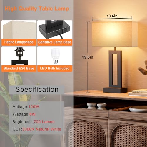 Seealle Bedroom Lamps for Night Stands - Touch Control, 3 Way Dimmable, USB C+A Charging, LED Bulbs, Easy Assembly - color: A. Beige&Black, size: Medium(19.6in)