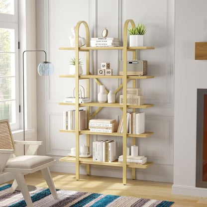 Wide Bookshelf Arched Bookcase, Industrial 5 Tier Open Book Shelves with Metal Frame, 72" Tall Freestanding Heavy Duty Display Rack for Home Office, Living Room,Nature Wood & Gold,Easy Assembly - color: Nature Wood & Gold, size: 5 Tier Arched Wide