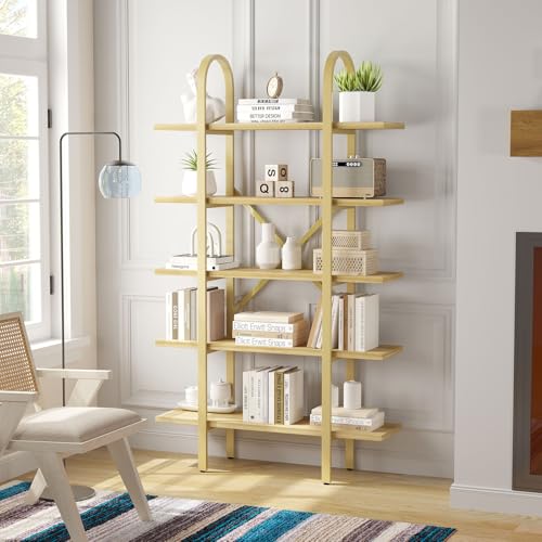 Wide Bookshelf Arched Bookcase, Industrial 5 Tier Open Book Shelves with Metal Frame, 72" Tall Freestanding Heavy Duty Display Rack for Home Office, Living Room,Nature Wood & Gold,Easy Assembly - color: Nature Wood & Gold, size: 5 Tier Arched Wide