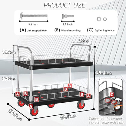 Utility Service Cart 2 Shelf - 880lbs Capacity Heavy-Duty Plastic Rolling Utility Carts with 5 of 360° Swivel Wheels and Handle, Large Service Cart for Groceries, Warehouse,Garage 43.5''x25.6'' - color: 880lbs Capacity