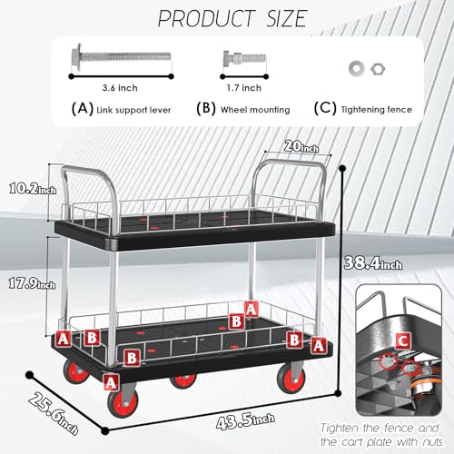 Utility Service Cart 2 Shelf - 880lbs Capacity Heavy-Duty Plastic Rolling Utility Carts with 5 of 360° Swivel Wheels and Handle, Large Service Cart for Groceries, Warehouse,Garage 43.5''x25.6'' - color: 880lbs Capacity