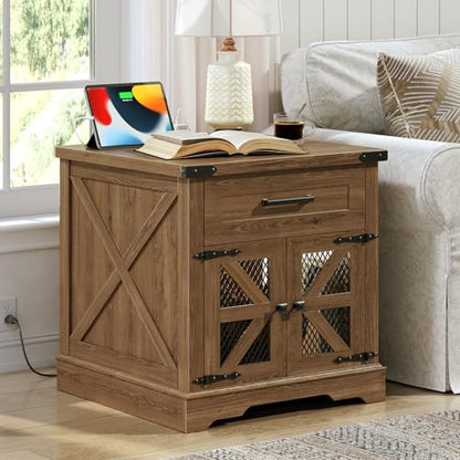 RALGEND Walnut Farmhouse End Table with Charging Station, 24" Large Sofa Side Table with Drawer, Large End Table for Living Room, Wooden Nightstand with Outlet, Square, Walnut - color: Walnut