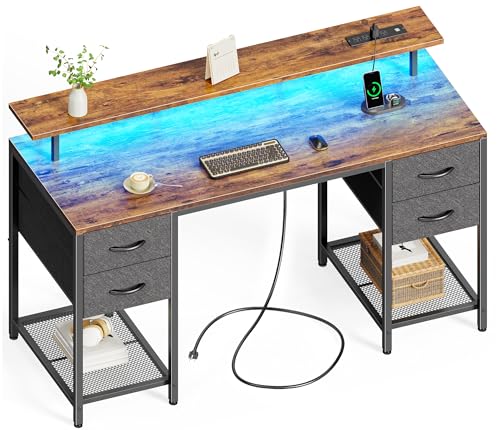 Huuger 55 inch Computer Desk with 4 Drawers, Gaming Desk with LED Lights & Power Outlets, Home Office Desk with Large Storage Space for Bedroom, Work from Home, Rustic Brown - color: Rustic Brown, size: 55 Inch