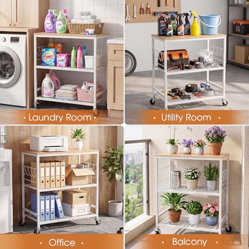 Rolling Kitchen Microwave Cart, 3-Tier Cart with Lockable Casters, 6 S Hooks for Towels, Rolling Kitchen Storage Rack, Space Saving Stand for Small Kitchen, Apartment, Coffee Bar - color: White