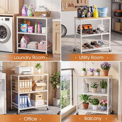Rolling Kitchen Microwave Cart, 3-Tier Cart with Lockable Casters, 6 S Hooks for Towels, Rolling Kitchen Storage Rack, Space Saving Stand for Small Kitchen, Apartment, Coffee Bar - color: White