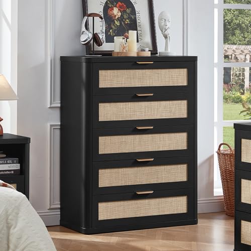 LEYAOYAO 41" Dresser for Bedroom, Tall Rattan Chest of Drawers | Gold Metal Handle, Modern 5 Drawers Boho Dressers with Storage for Living Room, Hallway - color: Boho Black, size: 15.5"D x 31.5"W x 41"H (5 Drawers)