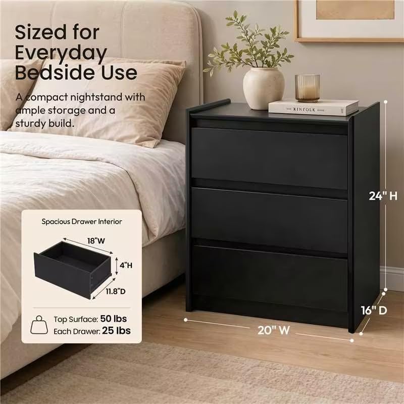 Black Nightstand with Charging Station, 24" H, 3-Drawer Storage | USB-C, USB-A and 2 AC outlets power daily devices; raised-edge top helps create a cleaner modern bedside setup at night. - color: Black, size: 1-Pack, style: 3 Drawers