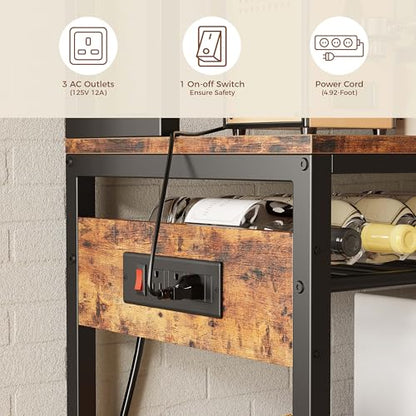 IRONCK Bakers Rack with Power Outlet, 45.5" W Kitchen Racks and Shelves | Chic Rustic Wood & Iron Frame. Ultimate Space Saver for Small Apartment Kitchens, Dining Beverage Bars, and Coffee Corners