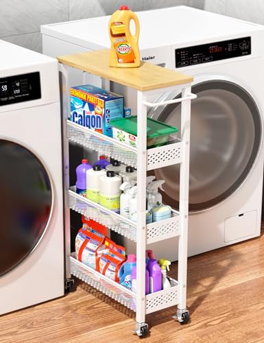 OKZEST Utility Slim Storage Cart, 4 Tier Small Rolling Kitchen Laundry Room Cart with Wood Top, Metal Narrow Bathroom Storage Cabinet Mobile Shelf Unit Organizer Trolley with Handle for Narrow Space - color: White, size: 7.1 Inch Wide