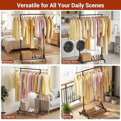 Rolling Garment Rack - Retractable Clothes Rack with Hanging Rods, Lockable Wheels and Bottom Storage Shelf - Sturdy Coat Rack, Freestanding Clothing Organizer for Bedroom, Laundry & Closet - color: 1-tier (56.7 H")