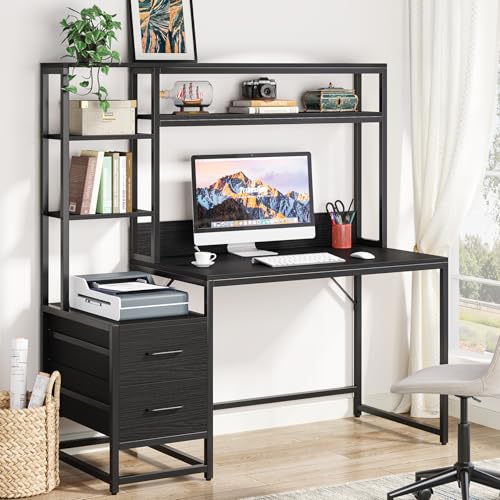 Tribesigns 55 Inch Computer Desk with 2 Drawers and Storage Shelves, Rustic Office Desk with Hutch, Study Writing Gaming Table Laptop Workstation for Home Office (Black) - color: Black