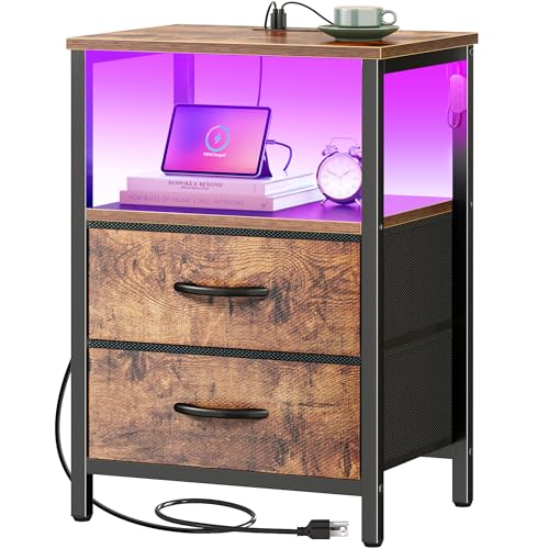 Huuger Night Stand with Charger Station and LED Lights, 2 Drawer Nightstand, Bed Side Table with Open Shelf, End Table, Fabric Dresser for Bedroom, Rustic Brown - color: Rustic Brown, size: 11.8"D x 15.7"W x 23.6"H（2 Drawers）
